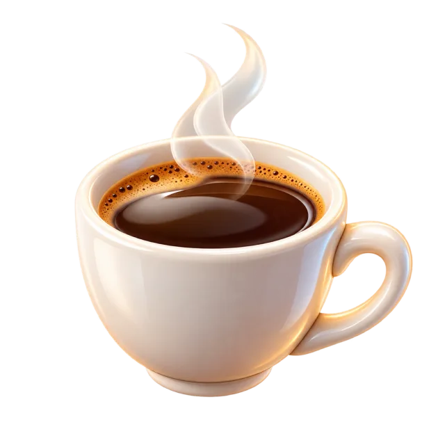 A white cup of dark coffee with rising curls of steam