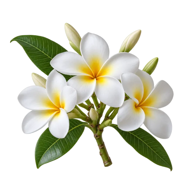 Cluster of white plumeria flowers with yellow centers and elongated green leaves on a transparent background