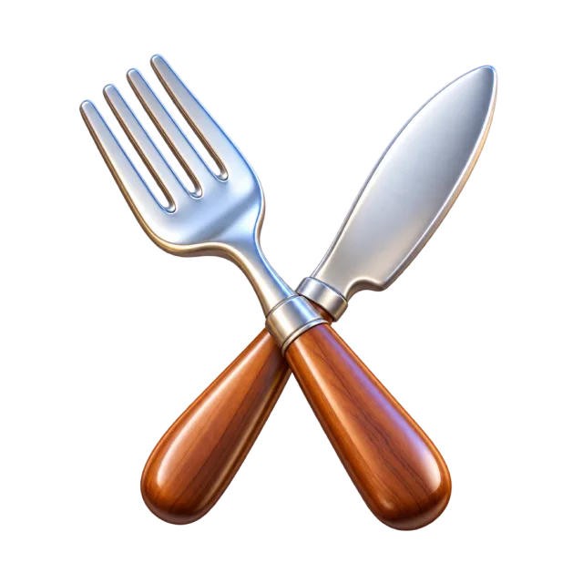 A silver fork and knife crossed over brown handles