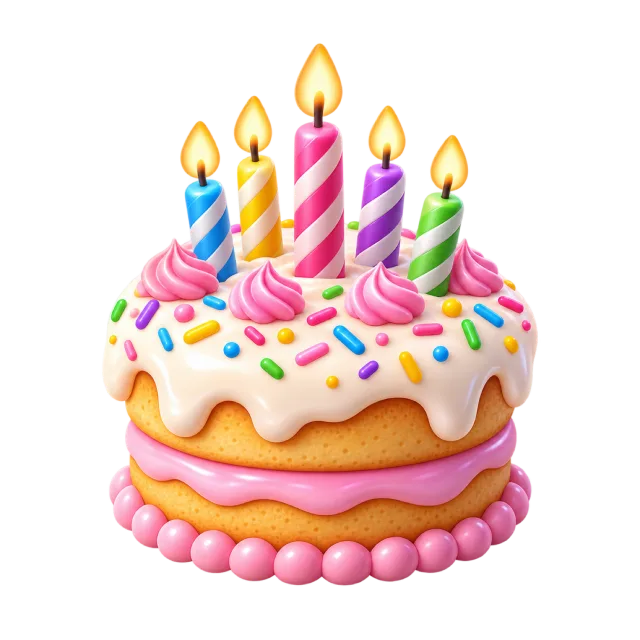 A decorated pink birthday cake with sprinkles and lit candles