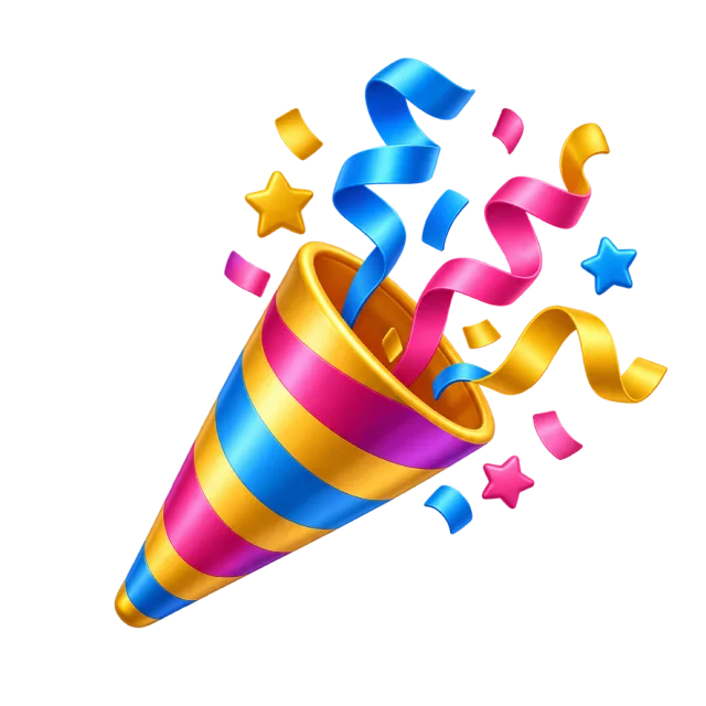 A striped party popper releasing colorful ribbons, stars and confetti