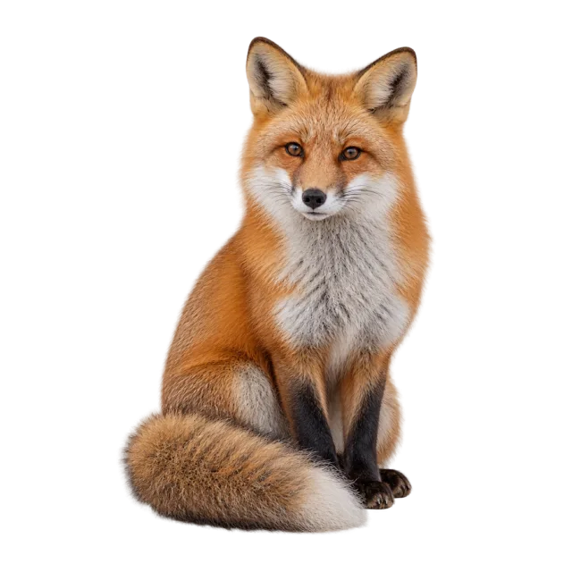 A seated red fox with orange fur, a white chest and a bushy tail curled around its paws