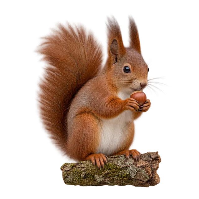 A red squirrel holding a nut on a piece of bark with its bushy tail raised behind it