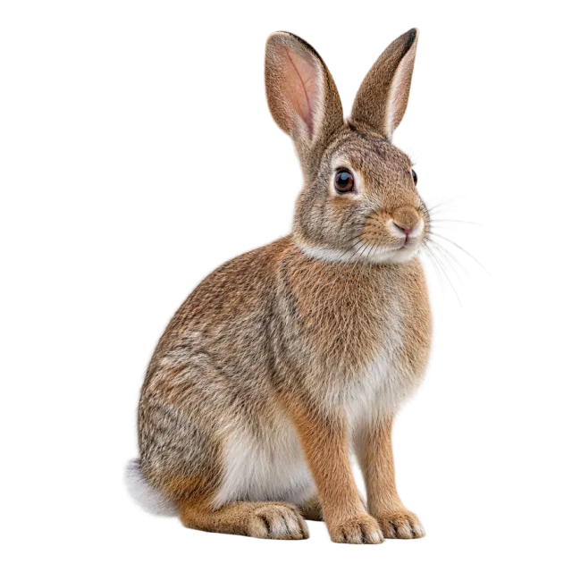 A brown-gray rabbit sitting upright with long ears and a pale chest
