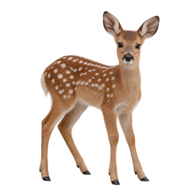 A slender brown deer fawn with white spots and large upright ears