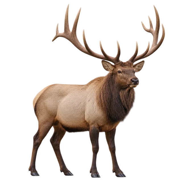 A standing brown elk with a dark neck and large branching antlers