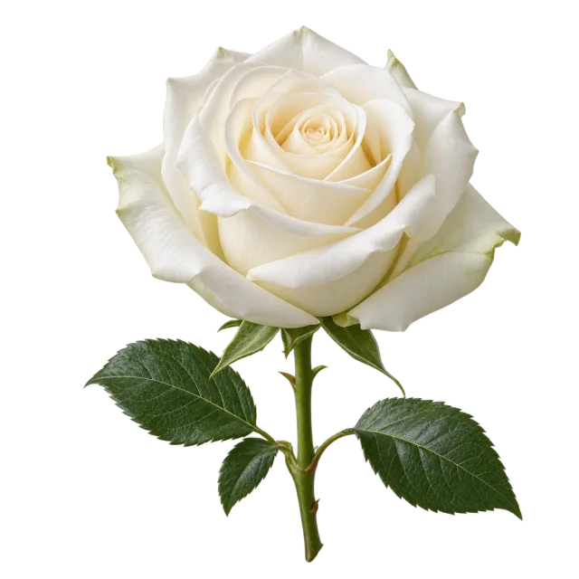 Creamy white rose with layered petals and dark green leaves on a transparent background