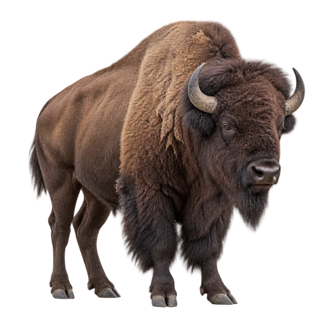 A heavy brown bison with a shaggy head, short curved horns and a raised shoulder hump