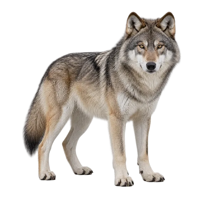 A gray wolf standing with upright ears, a pale muzzle and a bushy tail
