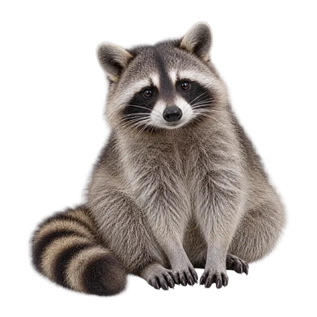 A seated raccoon with a dark facial mask and a striped tail curled beside its paws