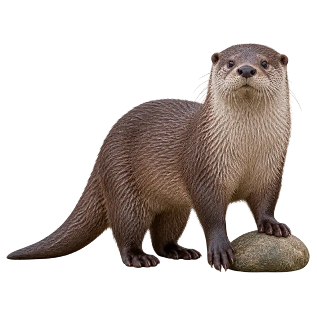 A brown river otter standing beside a smooth stone with its long tail extended