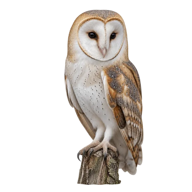 A pale barn owl with a heart-shaped face perched on a broken wooden stump