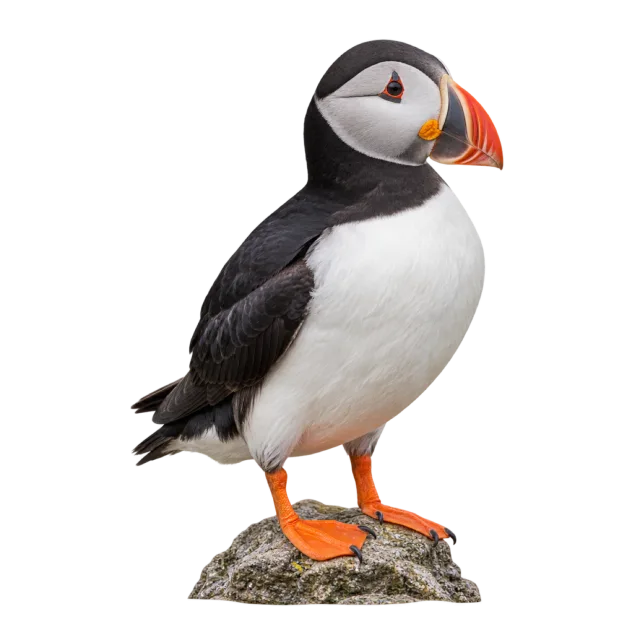 A black-and-white puffin with an orange beak and feet standing on a small rock