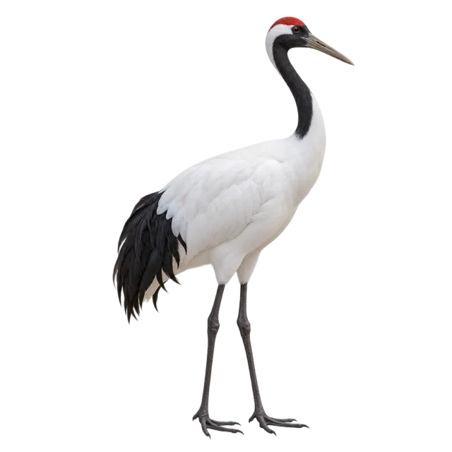 A white crane with black neck markings, a red crown and long slender legs