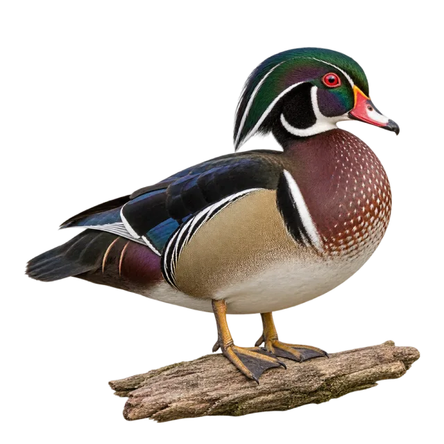 A colorful wood duck with a green crest, patterned brown breast and cream markings on a branch