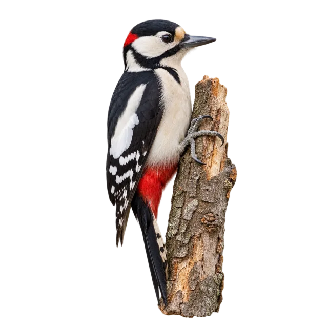 A black-and-white woodpecker with a red crown clinging to an upright piece of bark