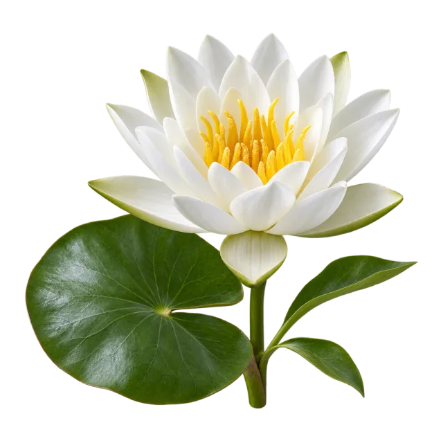 White water lily with pointed petals and yellow stamens above rounded green leaves on a transparent background
