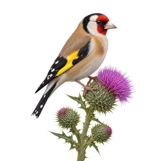 A goldfinch with a red face and yellow wing stripe perched beside purple thistle flowers