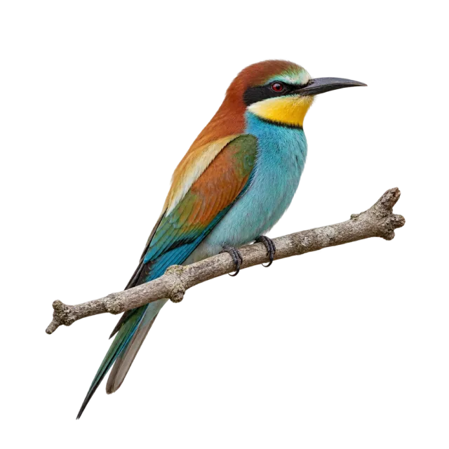 A colorful bee-eater with a turquoise chest, yellow throat and long tail perched on a twig