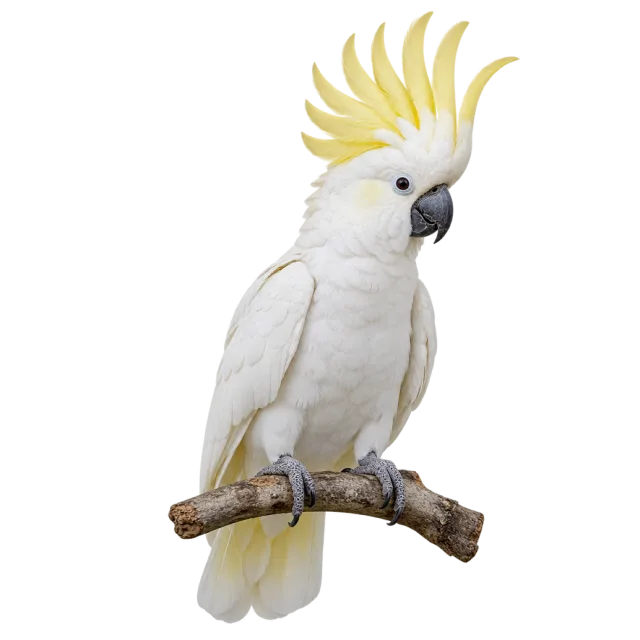 A white cockatoo with a raised yellow crest and dark beak perched on a branch