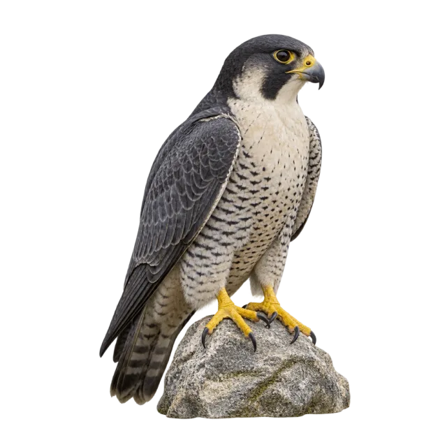 A gray falcon with a barred pale chest and yellow feet perched on a rock