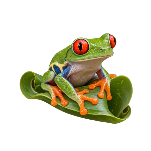 A bright green tree frog with red eyes and orange toes resting on curled green leaves