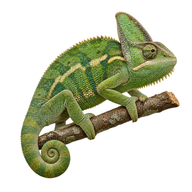 A green patterned chameleon gripping a branch with its tail curled into a spiral