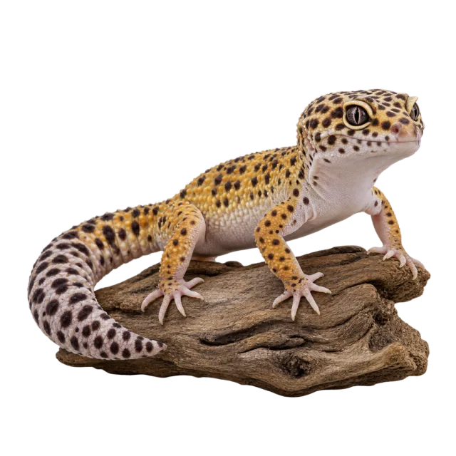 A yellow-and-cream gecko with dark spots and a thick curled tail resting on bark