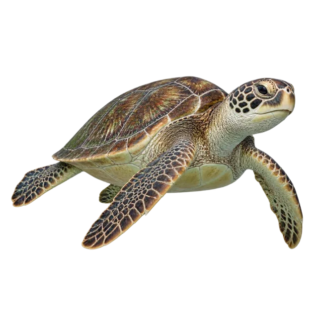 A sea turtle with a patterned brown shell and broad flippers extended outward