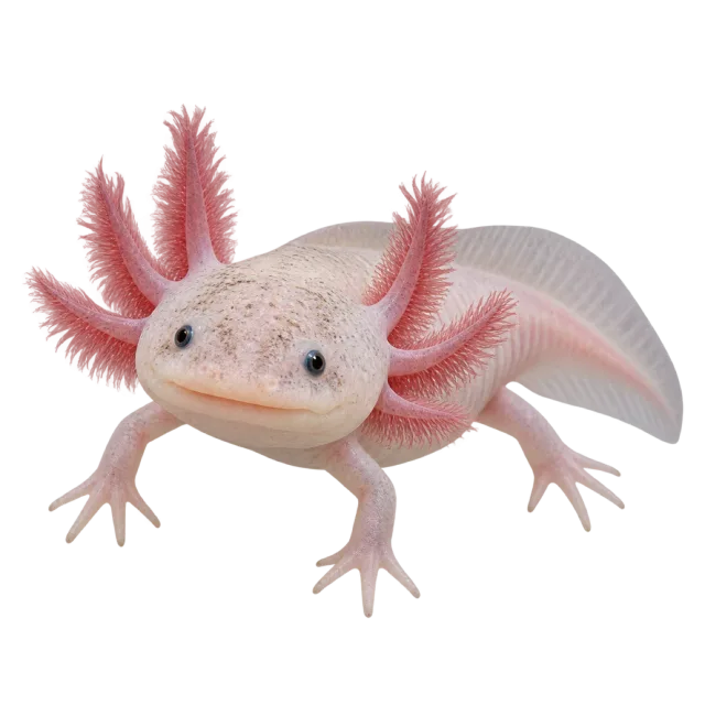 A pale pink axolotl with branching pink gills, small legs and a curved tail