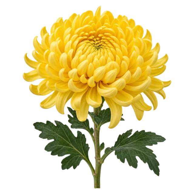 Yellow chrysanthemum with densely layered curled petals and green leaves on a transparent background