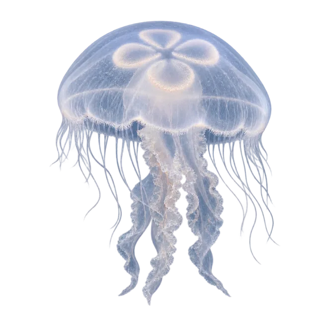 A pale blue jellyfish with a translucent-looking bell and long trailing tentacles
