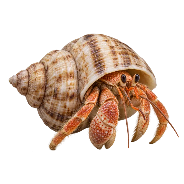 An orange-brown hermit crab extending its legs and claws from a striped spiral shell