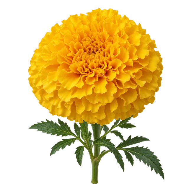 Rounded yellow marigold bloom with ruffled petals and finely divided leaves on a transparent background