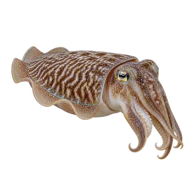 A brown cuttlefish with pale rippling stripes, a large eye and clustered arms