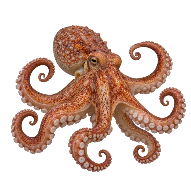 A reddish-brown octopus with curling arms and visible rows of pale suckers