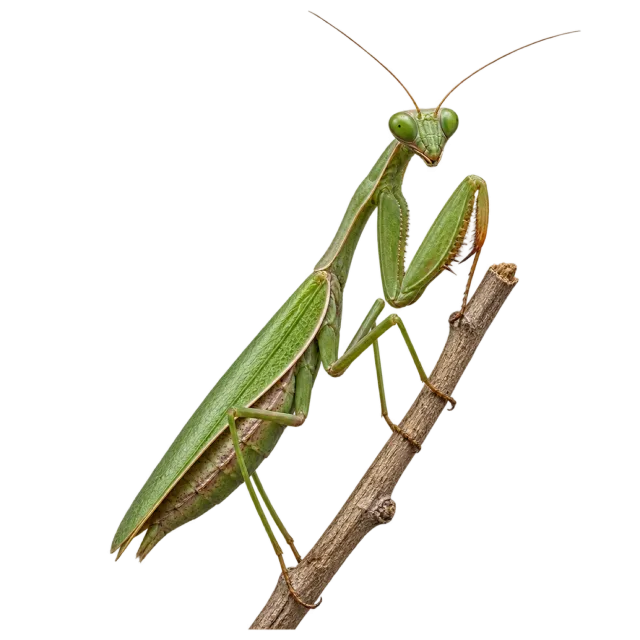 A green praying mantis gripping a slender twig with its front legs folded
