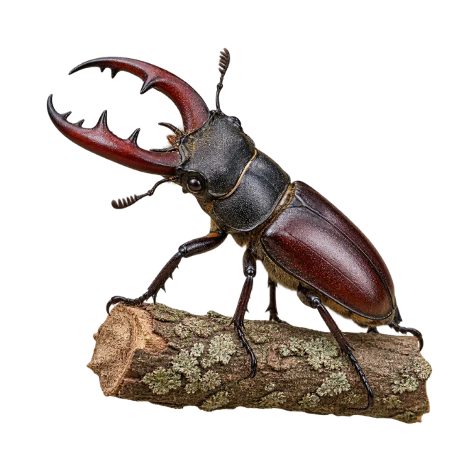 A dark reddish-brown beetle with large branched mandibles standing on bark