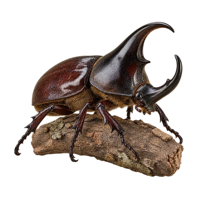A dark brown beetle with a curved horn and glossy wing covers on a piece of bark