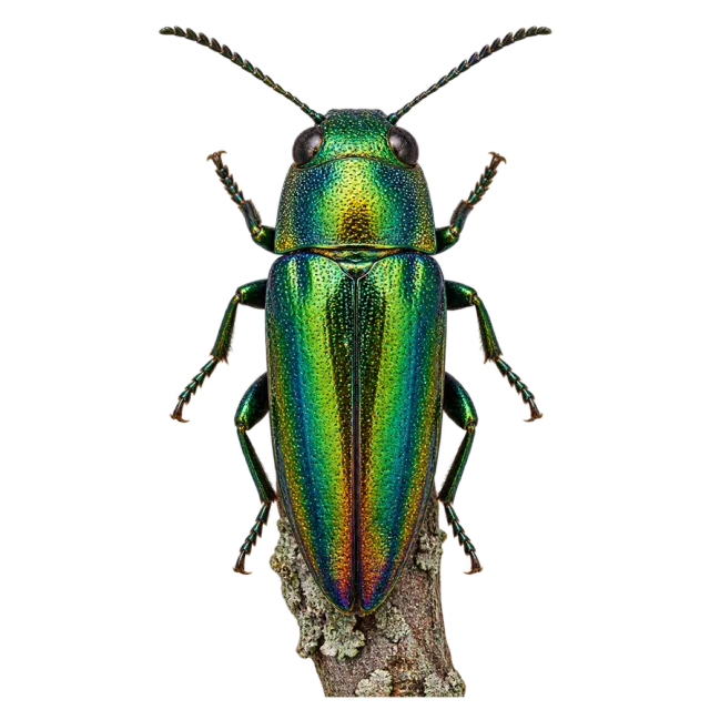 An elongated beetle with glossy green, blue and gold coloring and dark legs