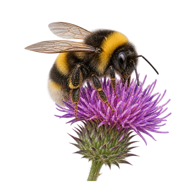 A fuzzy yellow-and-black bumblebee resting on a purple thistle flower