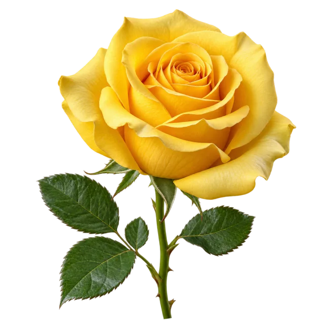 Golden yellow rose with curled petals on a leafy green stem on a transparent background