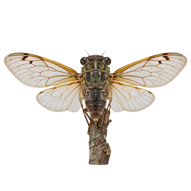 A brown cicada on a twig with translucent-looking veined wings spread to either side