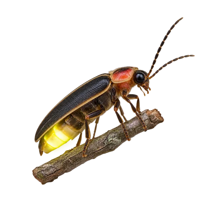 A dark firefly on a twig with a red head marking and a yellow glowing abdomen