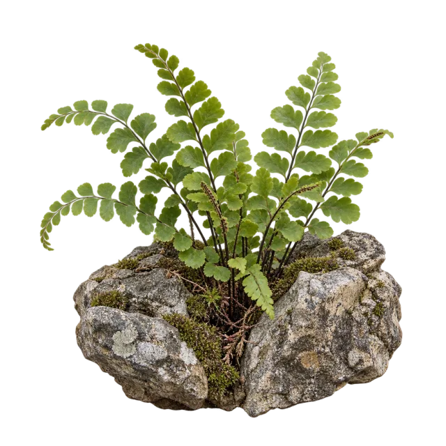A small fern with narrow stems and paired green leaflets growing between gray rocks