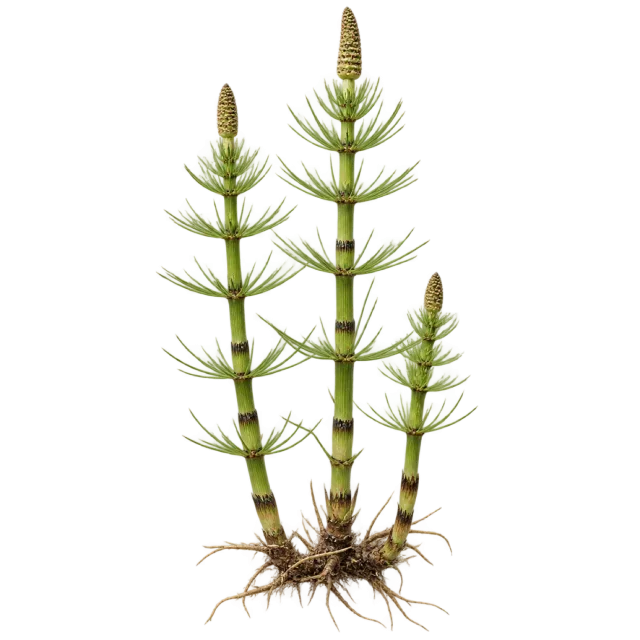 Upright segmented green stems with tiers of fine side branches and exposed roots