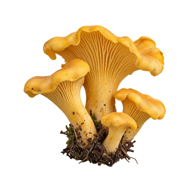 A cluster of golden-yellow mushrooms with wavy caps and ridged undersides