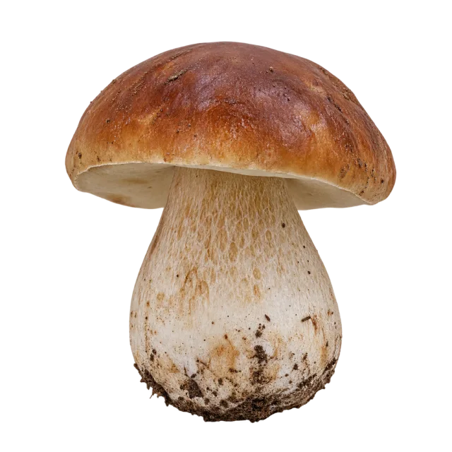 A stout mushroom with a smooth brown cap, thick pale stem and soil at its base