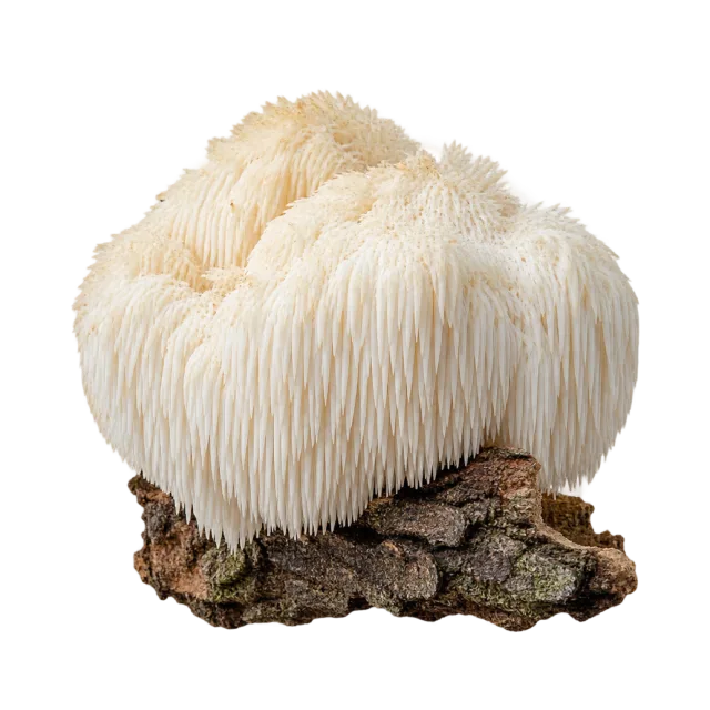 A white shaggy mushroom with long hanging spine-like strands growing on wood