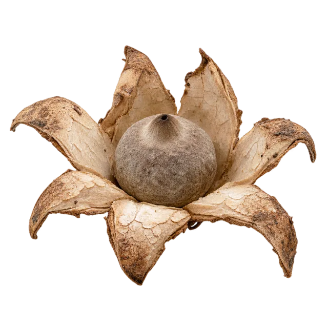 A round brown fungal center surrounded by pointed, outward-curving tan rays